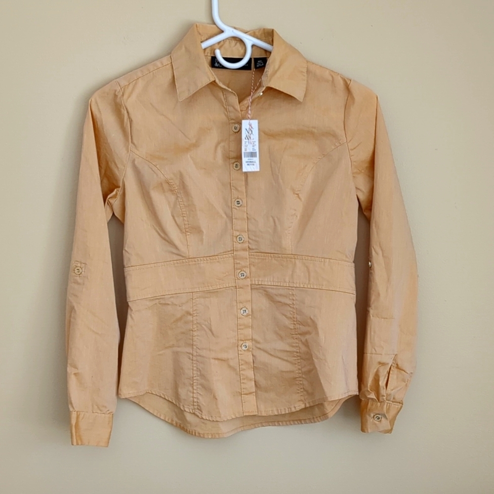 NWT New York and Company XXS Petite Button Up Orange Shirt Roll Tab Sleeves